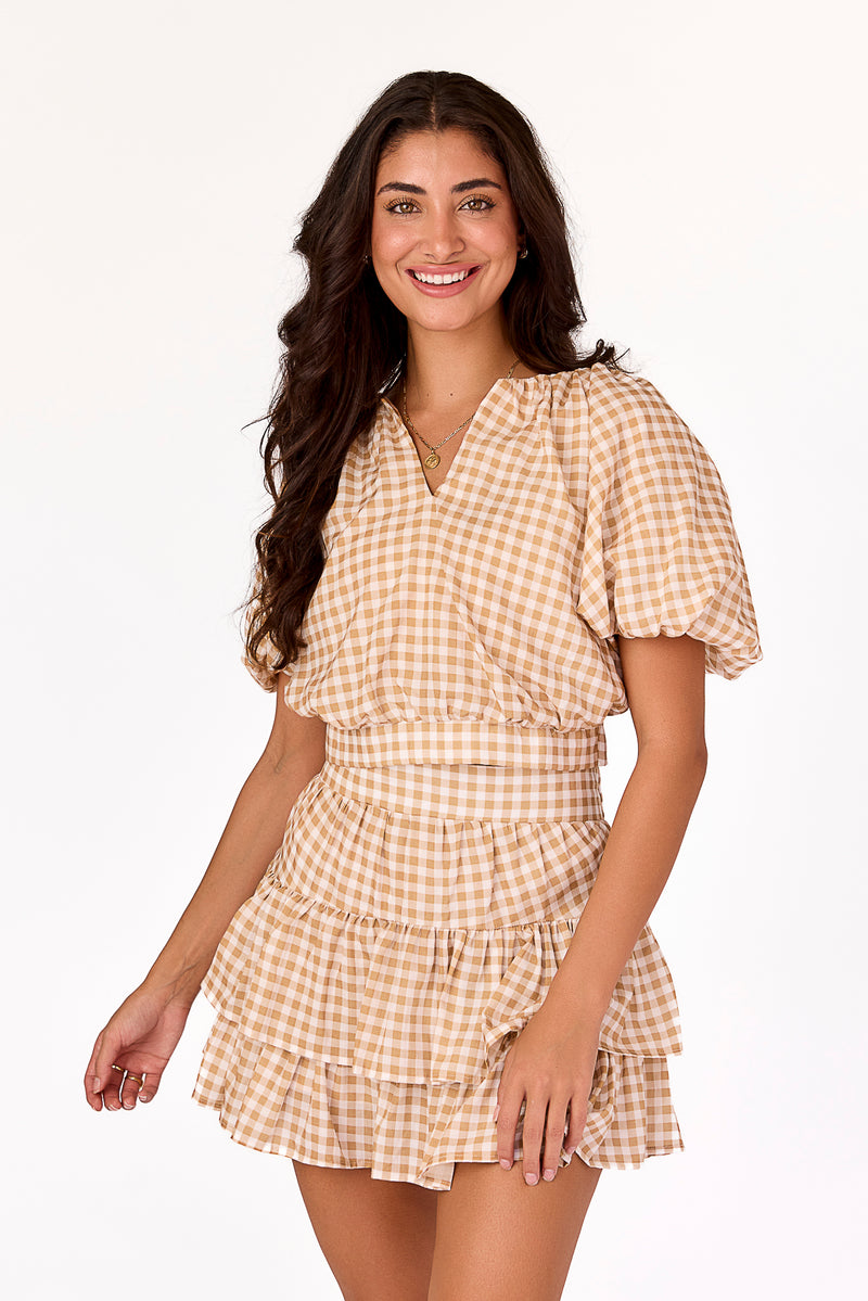 Ella Raglan Top Tan Gingham