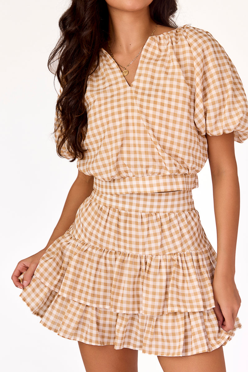 Ella Raglan Top Tan Gingham