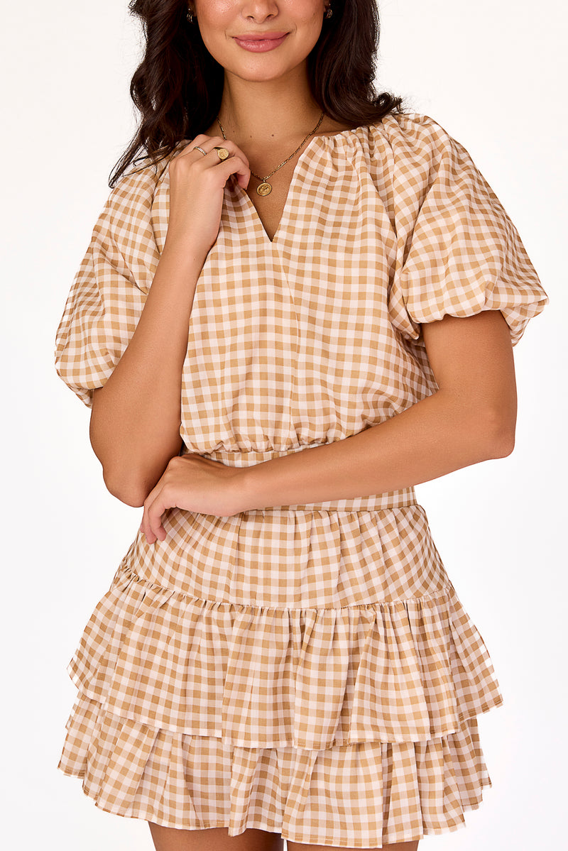 Ella Raglan Top Tan Gingham